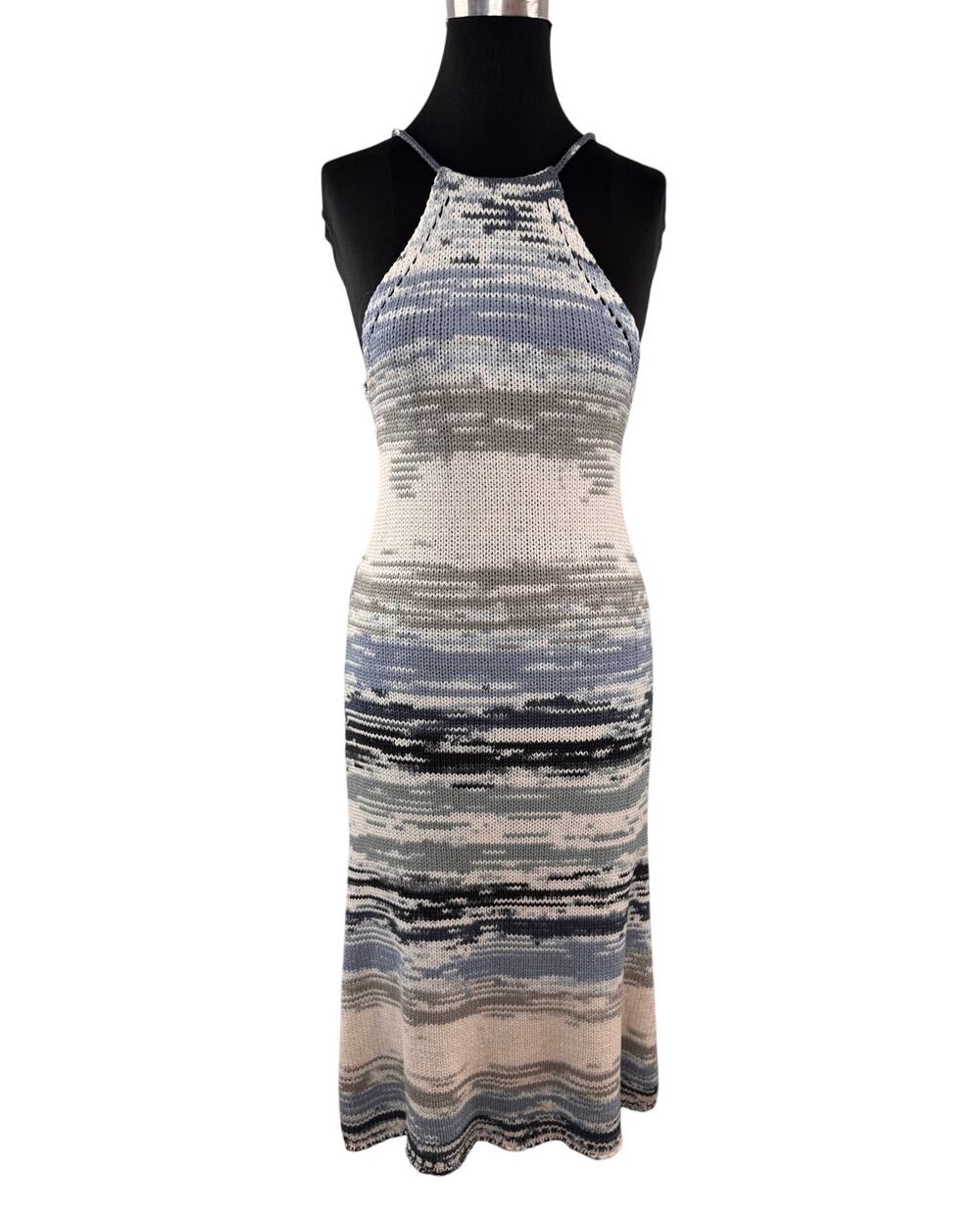 ZARA Gray Blue White Crochet Dress Ombre Chunky Knit Halter Neck Small S BLOGGER